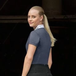 Horze Women's Blaire Show Sun Shirt - Short-Sleeved 41 Horze Women's Blaire Show Sun Shirt - Short-Sleeved -Equestrian Clothing Store HORZEBlaireWomen sShortSleevedNanotexEquestrianRidingCompetitionShowShirtwithUPF30 UVProtection DarkNavycloseup2