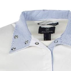 Horze Women's Blaire Show Sun Shirt - Short-Sleeved 30 Horze Women's Blaire Show Sun Shirt - Short-Sleeved -Equestrian Clothing Store HORZEWomen sBlaireShortSleevedSunShowShirt MeshUnder Sleeves UVProtection Moisture WickingNanotexFabric White closeupofcollar