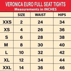 One Stop Equine Shop Women's Veronica Euro Full Seat Tights With Phone Pocket -Equestrian Clothing Store Veronica Euro FS Tights size chart2000Sq